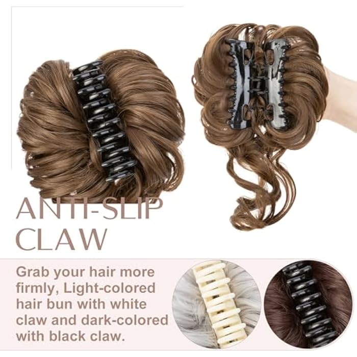 SEGO Claw Messy Bun Hairpieces Wavy Curly 75G Thick Hair Chignon Tousled Updo Doughnut Hair Bun Synthetic Ponytail, Ash Brown - Image 3